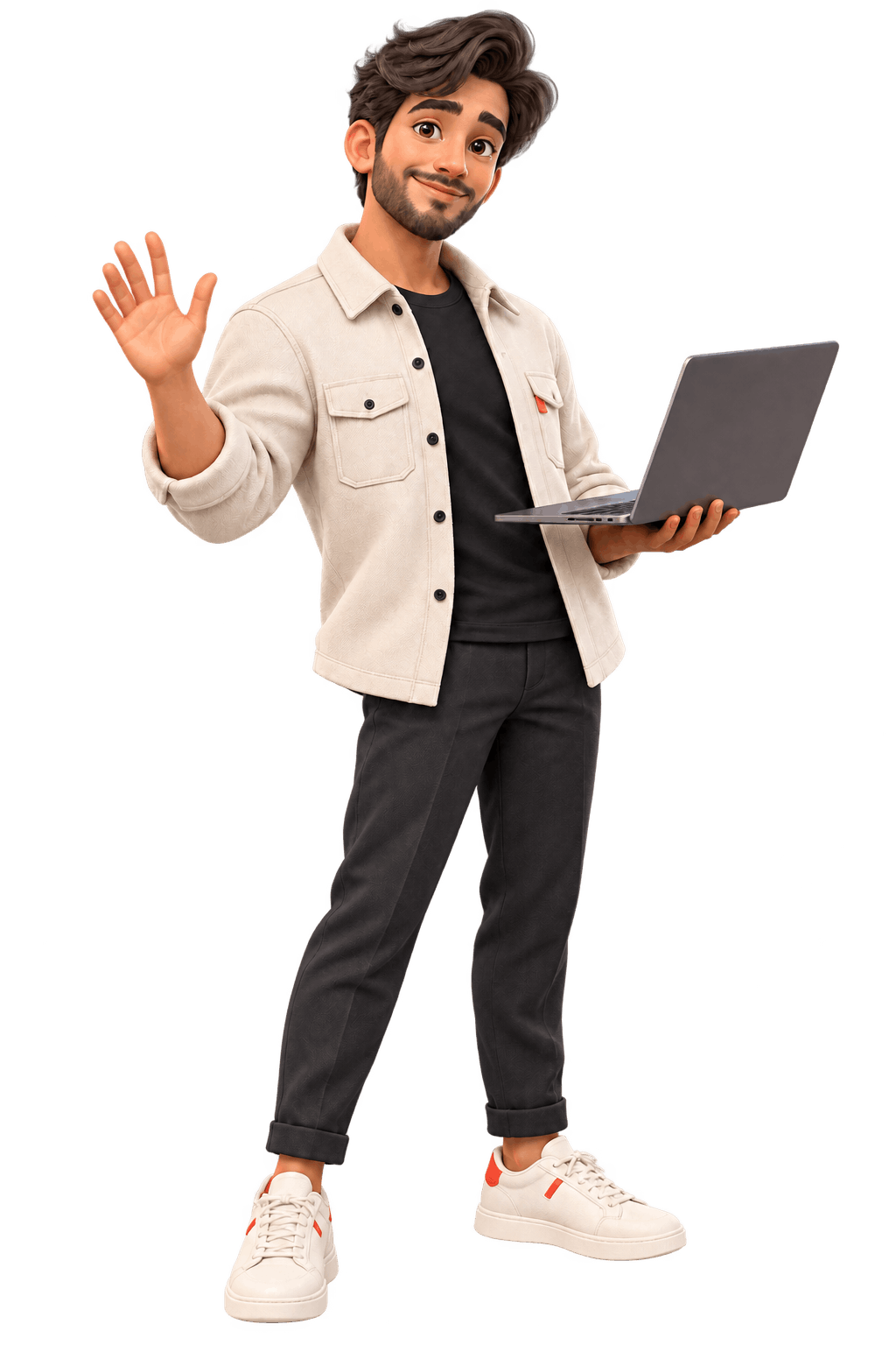 3D stylized illustration of Aysar Ghnimat smiling in a dark hoodie with a thumbs up, presenting code on a laptop