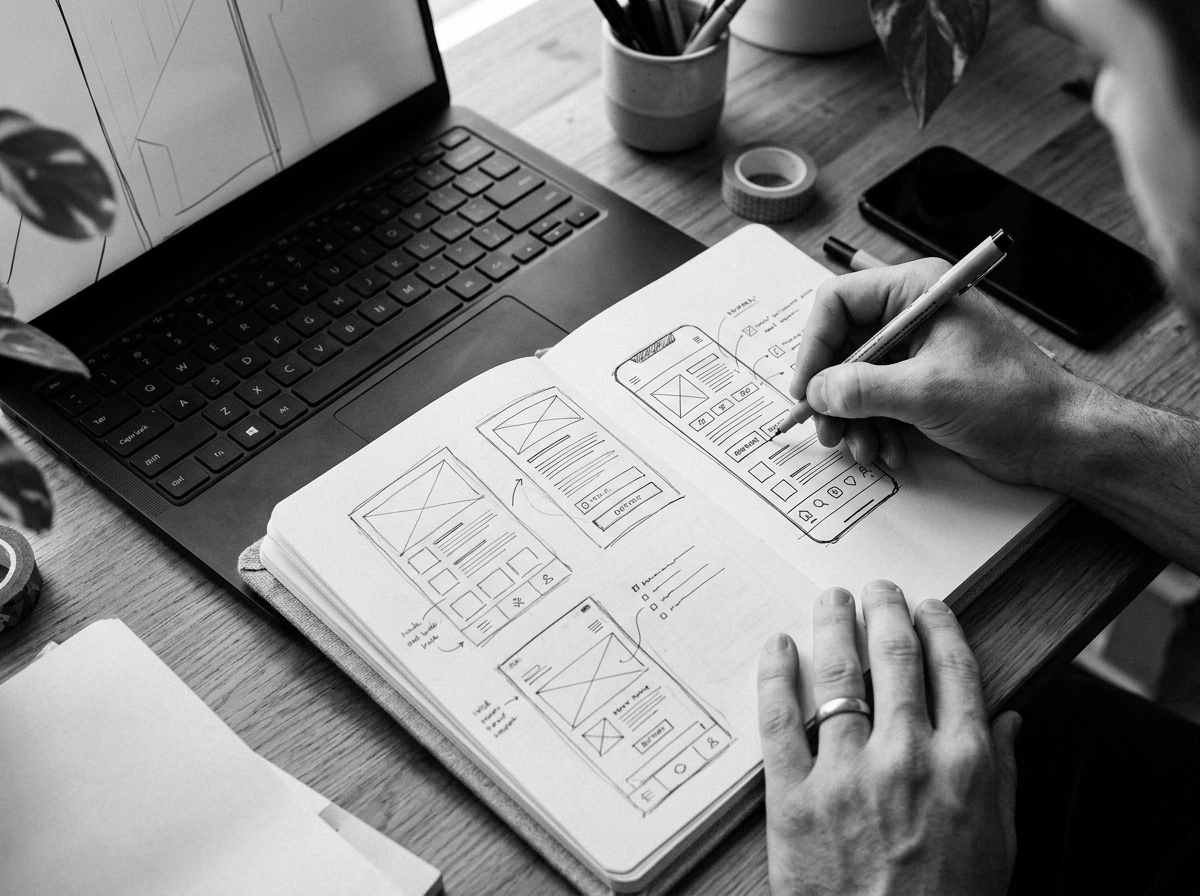 Monochrome close-up of hands sketching wireframe interfaces in a notebook next to a laptop keyboard