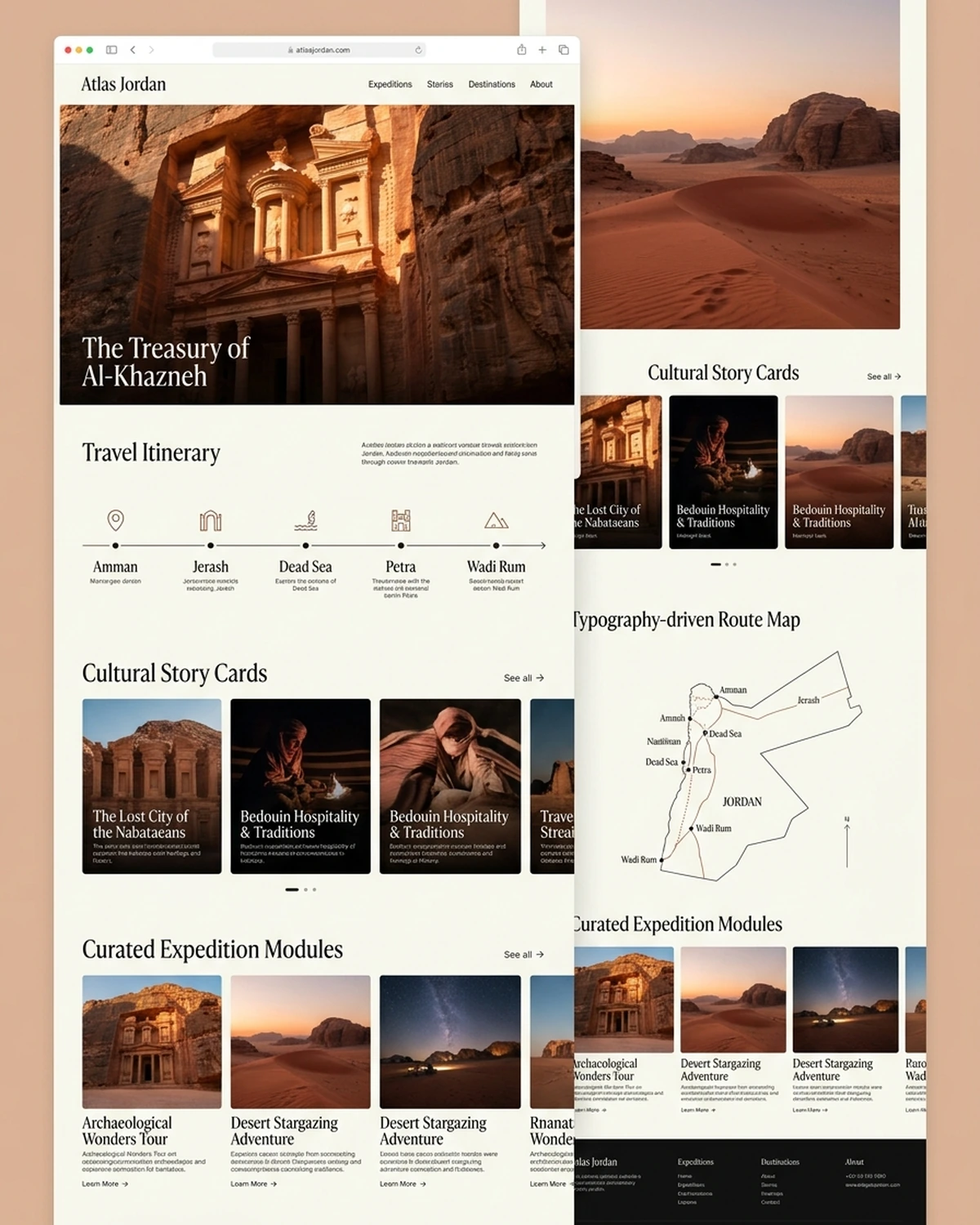 Editorial travel platform website mockup for Atlas Jordan, featuring golden hour photography of Petra and Wadi Rum with itinerary timeline