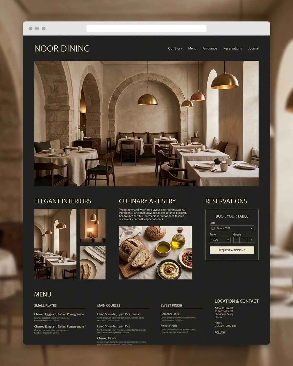 Editorial website mockup for Noor Dining, an upscale Middle Eastern culinary destination featuring arched architecture and dining presentation