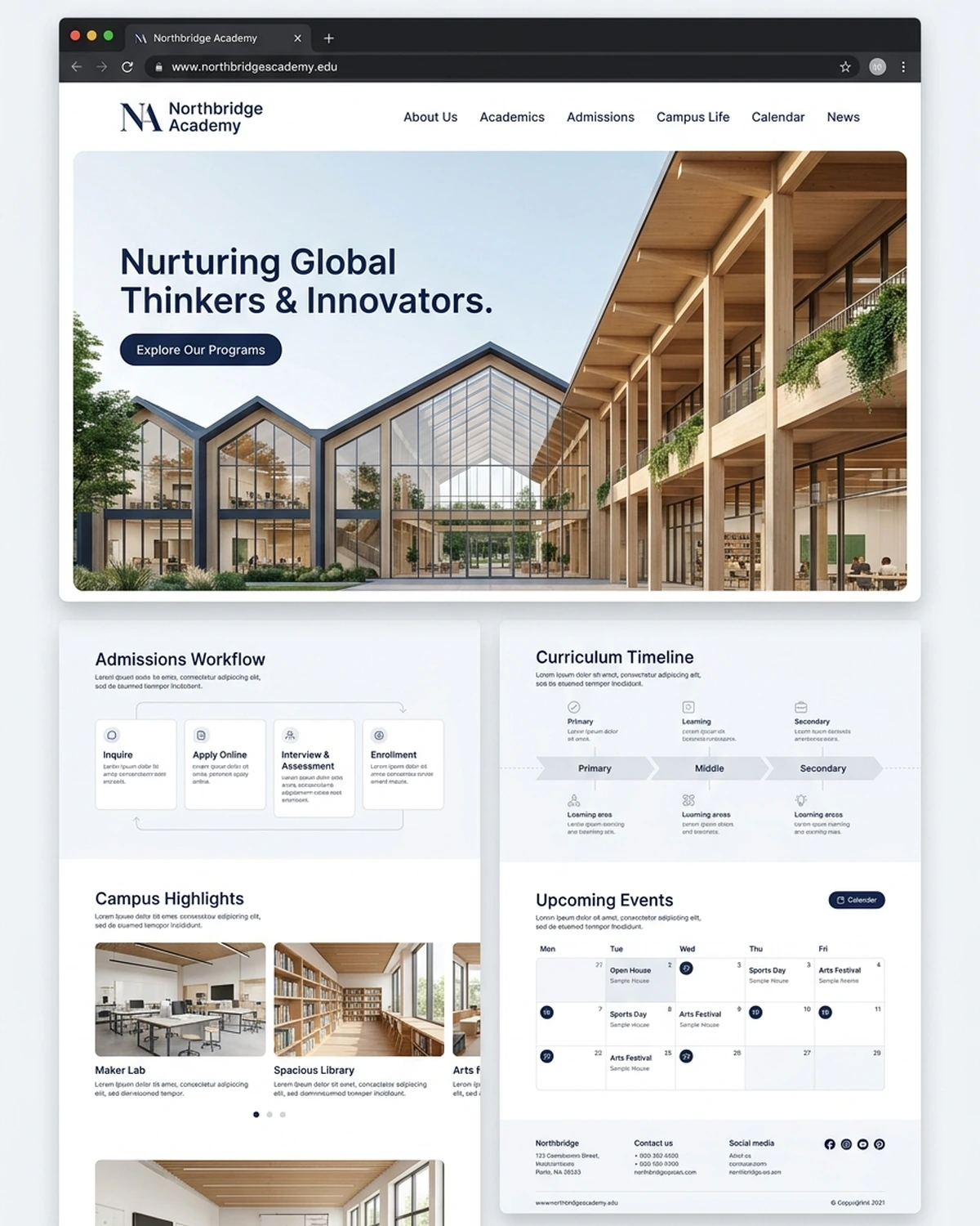 Editorial website mockup for Northbridge Academy, showcasing contemporary school architecture, modern library, and admissions workflows