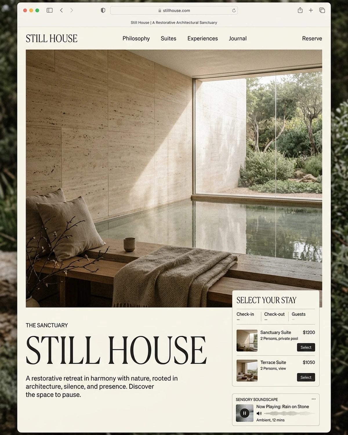 Editorial website concept for Still House, featuring travertine sanctuary architecture, quiet water pool, and booking interface