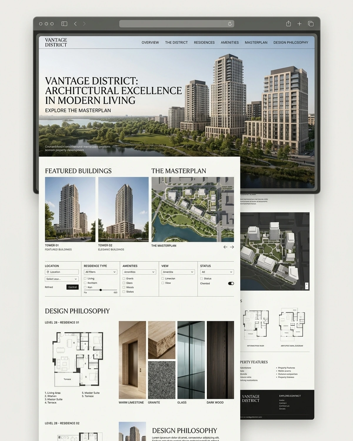Editorial website design concept for Vantage District, a luxury property development platform featuring architectural masterplan
